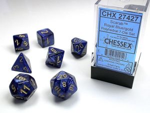 RPG DICE SET - CHESSEX - SCARAB ROYAL BLUE/ GOLD
